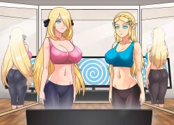  animated animated_gif ass blonde_hair breasts breath_of_the_wild cleavage cynthia elf_ears erect_nipples female_only femsub hair_covering_one_eye happy_trance hypnotic_screen large_breasts midriff mirror navel nintendo pokemon pokemon_diamond_pearl_and_platinum princess princess_zelda reflection shinzu smile spiral spiral_eyes standing symbol_in_eyes the_legend_of_zelda very_long_hair yoga_pants 