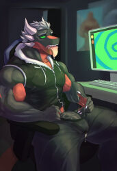 black_skin bulge chair claws computer cum cum_in_clothing cum_on_hands dragon_boy drool erect_nipples_under_clothes erection fangs furry green_eyes horns hypnotic_screen large_penis male_only malesub muscle_boy open_mouth pants penis precum rsotart short_hair sitting solo spiral spiralwash_eyes spread_legs sweater table tank_top tech_control tongue tongue_out veins 