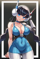  ai_art black_hair blue_eyes dress drool electricity expressionless headphones large_breasts mechanical_arm pantyhose pokemon pokemon_black_and_white pokemon_black_and_white_2 robot robot_girl robotization spiral_eyes stable_diffusion_(ai) tech_control trigger 