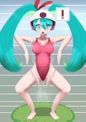 beanie blue_eyes blush bouncing_breasts breasts haigure hair_ornament headphones huge_breasts leotard long_hair miku_hatsune multicolored_hair nintendo open_mouth pokemon project_voltage psychic_miku_(project_voltage) spiral_eyes spread_legs squatting squirting sweat swimsuit test_aaa114514 twintails unhappy_trance