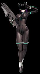  3d arch_elf_odame_edit_madness black_background bodysuit boots breasts collar cuffs custom_maid_3d_2 drone expressionless female_only femsub helmet large_breasts saluting simple_background solo weapon 