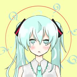 blush clothed confused empty_eyes expressionless femsub green_eyes green_hair hair_ornament long_hair miku_hatsune miraruuts open_mouth simple_background spiral_eyes twintails vocaloid