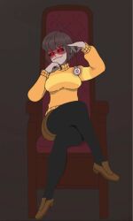  artist_request breasts brown_hair chair chara_(undertale) clothed coin female_only femdom glowing_eyes leggings nail_polish pov_sub red_eyes shoes short_hair shorts simple_background sitting smirk sweater undertale 