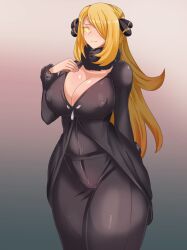  artist_request blonde_hair blush breasts cameltoe cleavage cynthia erect_nipples female_only femsub glowing glowing_eyes gradient_background hair_covering_one_eye icontrol_(manipper) large_breasts long_hair manip nintendo pokemon pokemon_diamond_pearl_and_platinum smile solo spiral_eyes standing symbol_in_eyes 