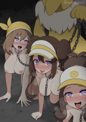ahegao all_fours bad_end bandana blue_eyes blush bondage breasts brown_hair cap chains collar everyday2 eyelashes hair_buns hat heart hilda hypno leash long_hair may multiple_girls nintendo nipples nude open_mouth pale_skin pet_play pokemon pokephilia ponytail restrained rosa_(pokemon) sex tied_hair tongue tongue_out wide_hips yellow_skin
