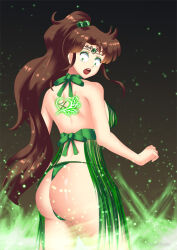 ass breasts brown_hair eyeshadow female_only gradient_background hadant large_breasts lipstick magic open_mouth sailor_jupiter sailor_moon_(series) signature simple_background solo tattoo very_long_hair watermark