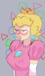 blonde_hair blush breasts crown earrings female_only femsub gloves jewelry large_breasts magic nintendo onyxl open_mouth opera_gloves pink_eyes princess princess_peach short_hair super_mario_bros. symbol_in_eyes tongue tongue_out