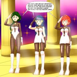 blue_eyes blue_hair cheryl dawn green_eyes green_hair happy_trance nintendo pokemon red_hair saluting standing_at_attention surrisaki tagme team_galactic text zoey_(pokemon)