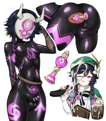  absurdres alternate_costume anus ass balls belt blue_hair body_markings bodysuit bow butt_plug censored collarbone corruption crotch_tattoo cum cum_on_face cum_on_hair enemy_conversion faceless femboy flower_in_hair genshin_impact glowing_eyes hair_ornament happy_trance hat hilichurl_(genshin_impact) horns hypnotic_accessory licking_lips light_skin male_only malesub mask mastersprouts masturbation multicolored_hair navel nipples pink_eyes pink_hair saluting simple_background solo tongue transformation twin_braids venti_(genshin_impact) white_background wide_hips x-ray 