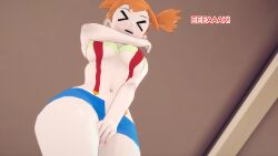  aware closed_eyes clothed clothed_exposure confused covering dialogue embarrassed female_only jean_shorts misty mustardsauce orange_hair pokemon pokemon_(anime) solo suspenders text underboob 