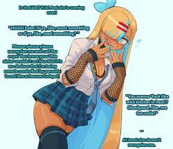  aware bikini_top blonde_hair body_control bow choker dark_skin dialogue female_only femsub fishnets girlinworld(manipper) gyaru hair_clips hair_covering_one_eye incest leopard_print long_hair makeup manip multicolored_hair nudiedoodles original ripley_(nudie_doodles) school_uniform sharp_teeth skirt solo spiral_eyes symbol_in_eyes tan_lines tan_skin text thighhighs tongue tongue_out wink 