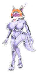  antenna black_hair bodysuit breasts dog_girl drool female_only femsub furry happy_trance large_breasts multicolored_hair non-human_feet open_mouth orange_hair original paws short_hair solo tech_control tegan tongue tongue_out visor wolf_girl 