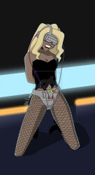  black_canary blonde_hair choker cleavage dc_comics dwwrider erect_nipples erect_nipples_under_clothes female_only femsub fishnets happy_trance hypnotic_accessory kneeling lipstick long_hair red_lipstick smile solo super_hero tech_control torn_clothes visor watermark western 
