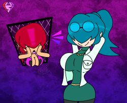  alternate_hairstyle arms_above_head breasts clothed female_only femsub glasses_on_head hair_covering_both_eyes happy_trance hypnoscream king_of_fighters open_mouth original ponytail posing red_hair shermie_(kof) smile surprised tagme terra_(notveryterse) twinning 