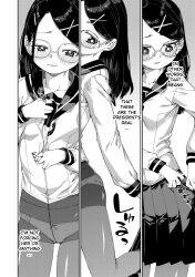akitsuki_itsuki black_hair comic dialogue femsub glasses greyscale maledom monochrome original school_uniform skirt text undressing