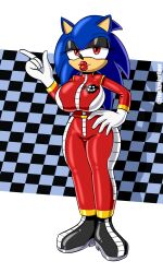 absurdres altered_common_sense alternate_costume animal_ears bodysuit clothed eyelashes eyeshadow female_only femsub flashpointgear furry genderswap gloves happy_trance hedgehog_girl high_heels latex lipstick looking_at_viewer smile solo sonic_the_hedgehog sonic_the_hedgehog_(series) standing symbol_in_eyes tech_control