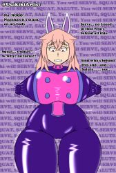 ass bodysuit breasts bunny_ears female_only femsub happy_trance huge_breasts kiki_(usakiki) latex long_hair meat_corp original pink_hair red_eyes resisting rubber standing text thick_thighs uniform usakiki