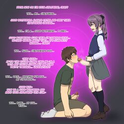  altered_common_sense balls brown_hair censored clothed dialogue english_text femboy gradient_background grey_background handjob heavy_eyelids hypno_neet kneeling licking male_only maledom malesub masturbation multiple_boys oral penis ponytail purple_background purple_eyes purple_hair ring_background short_hair simple_background skirt skirt_lift steam text tongue tongue_out yaoi 