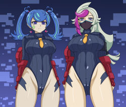  absurdres arm_bands bangs bare_legs blue_angel blue_eyes bracers breasts cameltoe corruption crossover earrings emma_bessho empty_eyes enemy_conversion face_mask female_only femsub fingerless_gloves ghost_girl_(yu-gi-oh!) gloves grey_eyes large_breasts leotard long_hair looking_at_viewer mask multiple_girls multiple_subs purple_eyes purple_hair shadaloo_dolls silver_hair skye_zaizen skymidaisuki standing standing_at_attention street_fighter tie twintails yu-gi-oh! yu-gi-oh!_vrains 