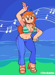  arms_above_head beach bikini_top brown_eyes bubble cleavage dancing dazed earrings elecbabble expressionless female_only femsub high_heels hypnotic_music jeans music nami_(one_piece) navel one_piece orange_hair pants solo sparkle spiral_eyes standing symbol_in_eyes very_long_hair 