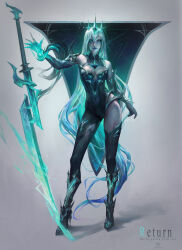 absurdres alternate_color_scheme alternate_costume alternate_form arm_warmers aura bare_shoulders body_markings breasts cleavage control_indicator corruption crossover crown english_text expressionless eye_color_change eyeshadow femsub floating glowing glowing_eyes high_heels large_breasts league_of_legends lipstick makeup maledom nier_automata pale_skin possession purple_lipstick ruination shixiang_zhao square_enix standing sword text thighhighs thighs very_long_hair viego_(league_of_legends) weapon white_hair yorha_type_a_no._2