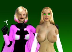 3d alternate_costume blonde_hair bottomless breasts cape emma_frost female_only femdom gloves green_eyes gwen_poole gwenpool happy_trance marvel_comics nude pink_hair super_hero tech_control theheckle topless x-men