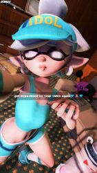  3d absurdres breasts corruption earrings elf_ears exercise female_only femsub glowing glowing_eyes happy_trance inkling jewelry marie_(splatoon) midriff monster_girl nintendo puckered_lips ridley_(artist) self_hypnosis selfie short_hair short_shorts small_breasts snapchat socks solo source_filmmaker splatoon tank_top tentacles text visor white_hair wrist_band 