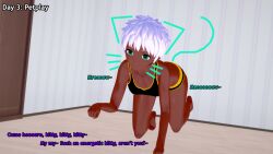 3d all_fours amber_(liz_b) cyan_eyes dark_skin dialogue empty_eyes english_text happy_trance hypnovember koikatsu! liz_b original pet_play sports_bra text white_hair