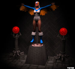  3d dollification female_only femsub he-man_(series) human_furniture inanimate_object leotard mannequin one_bar_prison sorceress_(he-man) standing tech_control transformation voyer wings 