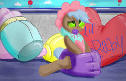 age_regression androgynous animals_only blue_hair crossdressing diaper feminization hypnotic_eyes kaa_eyes malesub my_little_pony original pacifier poofy_diaper rubber softballoonpony