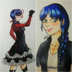 akittyk alternate_costume alternate_hairstyle before_and_after black_hair blush braid breasts collarbone corruption femsub large_breasts marinette_dupain-cheng mask miraculous_ladybug smile super_hero traditional twintails