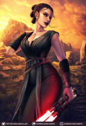 bare_shoulders brown_hair cleavage collarbone corruption female_only happy_trance lightsaber looking_at_viewer luminyu orange_eyes purple_lipstick rey_(star_wars) short_hair smile solo star_wars thighs