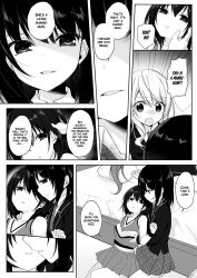 body_control body_swap breasts cheerleader comic dollification empty_eyes expressionless female_only greyscale hard_translated hisagi kissing large_breasts long_hair marialite monochrome multiple_girls open_mouth swimsuit text tracksuit translated yuri