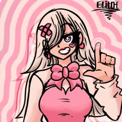 bangs bow_tie earrings eyelashes femdom glitch_fatal hair_ornament hair_ribbon makeup original pink_eyes pov_sub smirk smug spiral spiral_background watermark white_hair