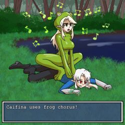  blonde_hair bodysuit boots breasts complex_background elf_ears empty_eyes english_text eyebrows_visible_through_hair female_only femdom femsub frog frog_girl gameplay_mechanics gauntlets green_eyes high_heels hypnotic_music hypnotized_hypnotist long_hair multiple_girls mythkaz navel original outdoors red_eyes restrained spread_legs squatting text tight_clothing white_hair 
