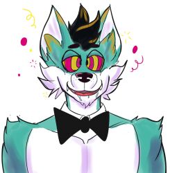 blue_skin bow_tie collarbone crossed_eyes drool furry happy_trance husky_boy kaijublue male_only malesub muscle_boy open_mouth ring_eyes simple_background smile solo sparkle spiral_eyes topless waiter white_background 