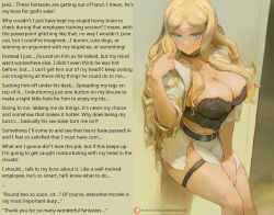  against_wall assassination_classroom blonde_hair blue_eyes bra breasts caption caption_only choker cleavage cutesexyrobutts femsub garter huge_breasts irina_jelavic lingerie long_hair looking_at_viewer maledom monsieurchuchote_(writer) office_lady text thighs unaware 