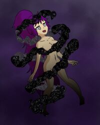 bare_breasts bare_legs bare_shoulders barefoot breasts cleavage convenient_censoring empty_eyes feet female_only femsub grey_eyes happy_trance hypnotic_smoke large_breasts layla_(mythkaz) legs midriff mythkaz navel nude original ponytail purple_hair simple_background smile smoke solo very_long_hair