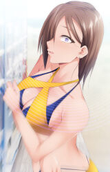  absurdres ass aware bare_shoulders bikini breasts brown_hair cleavage collarbone comic expressionless female_only femsub huge_breasts kaiga purple_eyes saimin_appli_ver._666 short_hair solo spiral standing surprised thong unaware 