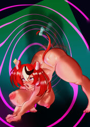 absurdres ahoge ass bare_legs barefoot blue_eyes drool fijin gradient_background hakos_baelz hanging_breasts hololive hololive_english huge_breasts jack-o_pose nipples nude open_mouth rat_girl red_hair ribbon short_hair simple_background spiral_background twintails