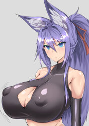 animal_ears blue_eyes blue_hair blush breasts cleavage empty_eyes expressionless femsub fox_ears fox_girl gatyo_5 gloves hair_ornament hair_ribbon huge_breasts long_hair nipples open_mouth opera_gloves original ponytail ribbon standing standing_at_attention tube_top