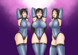  armpits arms_above_head breasts breath brown_hair female_only femsub gloves gradient_background high_heels huge_breasts large_breasts leotard long_hair looking_at_viewer multiple_girls multiple_subs navel opera_gloves otakubouzu_87 pink_eyes short_hair simple_background smile teacher thick_thighs thigh_boots thighhighs 