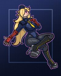  alternate_costume archfolie beret blonde_hair breasts capcom clothed corruption costume crossed_legs expressionless eye_color_change femsub hair_covering_one_eye high_heels large_breasts long_hair nintendo princess_rosalina purple_eyes shadaloo_dolls solo street_fighter super_mario_bros. super_mario_galaxy thick_thighs thighs tie 