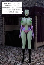 3d breasts collar dialogue disney exposed_chest female_only fembot femsub graybot green_skin high_heels maleficent nipple_piercing piercing robot robotization solo text theheckle whitewash_eyes