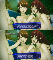  3d bare_shoulders bottomless brown_hair charm_(spell) cum cum_on_face dialogue dochaunt english_text eye_color_change femsub finger_in_mouth heterosexual mitsuru_kirijo nude open_mouth penis persona_(series) persona_3 pink_eyes red_hair tagme text topless trance_break yukari_takeba 