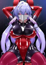  absurdres arms_above_head breasts bunny_ears bunny_girl bunnysuit chains collar crossover fake_animal_ears gloves glowing_eyes hand_on_head honkai_star_rail huge_breasts hypnotic_mask kneeling latex leotard long_hair mask persona_(series) persona_5 possession purple_hair radeon robin_(honkai_star_rail) shadow_bunny simple_background thighhighs trembling very_long_hair wings 