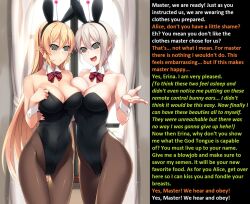  alice_nakiri antenna blonde_hair blush breasts bunny_ears bunny_girl bunnysuit caption cleavage cuffs erina_nakiri fake_animal_ears femsub food_wars! happy_trance hypnotic_accessory large_breasts leotard maledom manip misterman4_(manipper) multiple_girls open_mouth prime_tw short_hair smile spiral_eyes standing symbol_in_eyes tech_control text thighhighs very_long_hair white_hair 