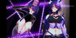  3d acheron_(honkai_star_rail) before_and_after belt black_lipstick blush bottomless chains control_indicator corruption crotch_tattoo erect_nipples etreet female_only femsub fingerless_gloves gloves glowing hair_covering_one_eye happy_trance honkai_star_rail koikatsu! large_pussy lipstick nail_polish navel pubic_hair purple_eyes purple_hair resisting reverse_bunnysuit saluting standing standing_at_attention sweat thighhighs topless very_long_hair 