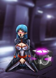 blue_hair blush bodysuit bottomless breast_expansion breasts clothed_exposure collar crest_of_stars crotch_cutout drool elf_ears empty_eyes female_only femsub happy_trance kneeling lafiel leash open_mouth pink_eyes pussy_juice re-maker spread_legs tech_control tongue tongue_out very_long_hair