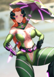  belt bodysuit breasts collar corruption evil_smile femsub gloves green_eyes hadant large_breasts long_hair midriff opera_gloves pink_eyes red_hair sam smile tech_control totally_spies umbrella 